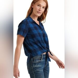 Lucky Brand Short Sleeve Button Down Plaid Tie Front Linen Blend Shirt